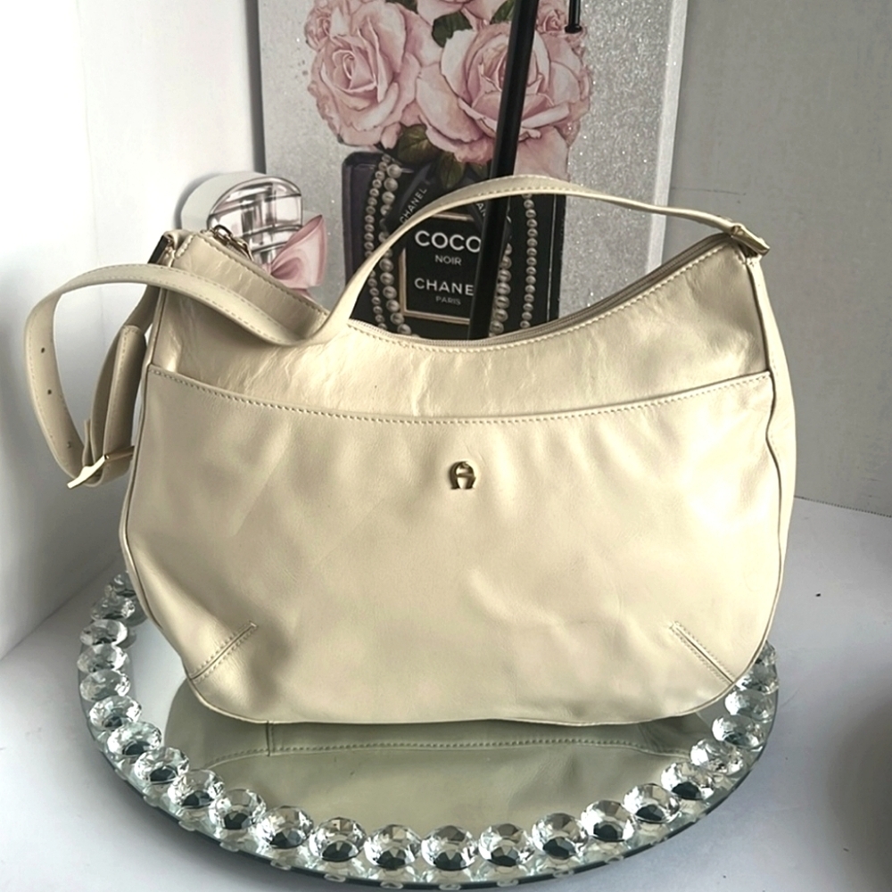 Etienne Aigner Premium Leather Hobo Shoulder Bag - Butter Cream color